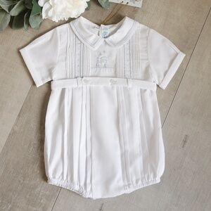 White Heirloom Creeper Romper Feltman Brothers Shadow Embroidery Train Boys NWT